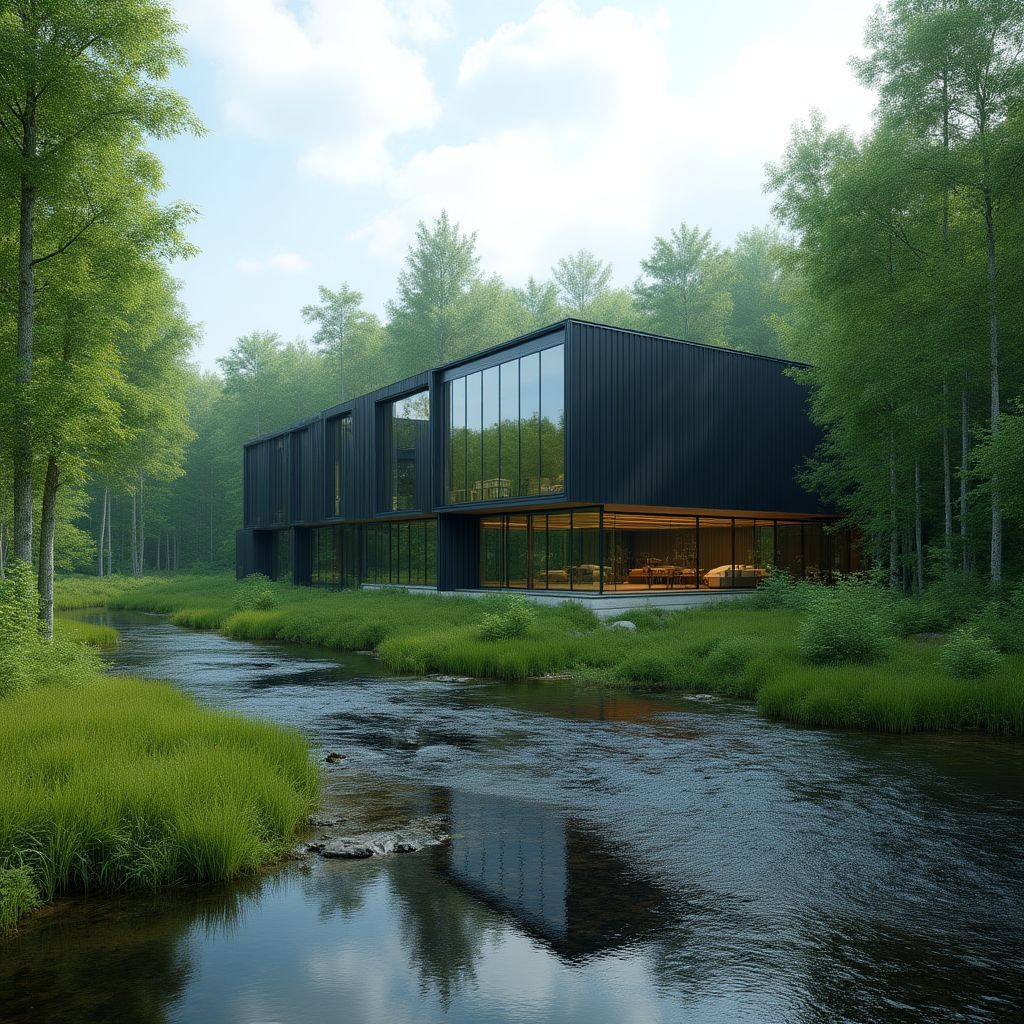 Ett modernt, miljövänligt datacenter i norra Sverige, omgivet av skog och natur.